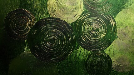 Olive green brush textures evolving into abstract tree rings and leaf clusters 