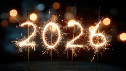 Golden sparkling number 2026 written with bright Bengal light sparklers against a dark, festive background with warm bokeh, celebrating the New Year and future goals.