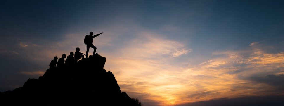 Team Leader Pointing Forward on Mountain Top with Group Silhouetted Against Sunset Sky