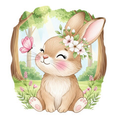 Naklejka premium Cute cartoon bunny with flowers in hair and a butterfly in a forest setting