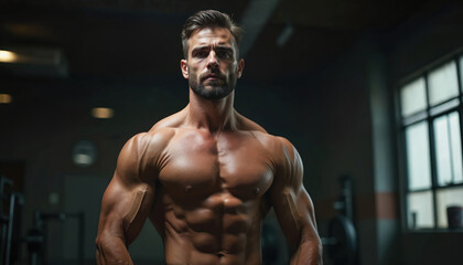 Fototapeta premium Muscular man with beard poses in dim gym. Intense strong bodybuilder shows abs and chest muscles. Athlete trains hard for competition. He looks determined. Powerful male physique.