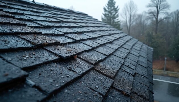 Dark grey asphalt shingles on a house roof are wet from falling rain. Close up detail shows texture and water droplets. Background shows trees and a cloudy sky.