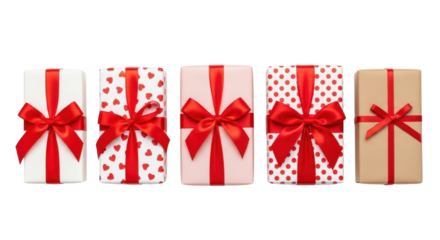 Five assorted gift boxes with red ribbons and bows, arranged in a row