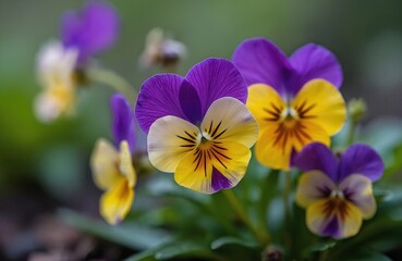 Wild pansy flowers bloom in purple yellow and white colors. Delicate petals open on green stems. Small plants grow in garden beds. Nature beauty unfolds in springtime.