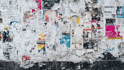 Weathered urban wall with torn posters and peeling layers revealing an aged, textured surface