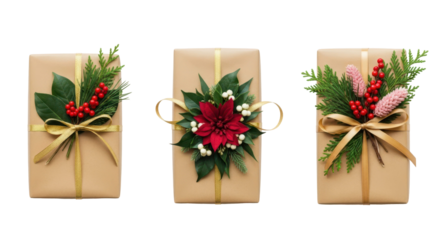 Three beautifully wrapped Christmas gifts with natural festive decorations