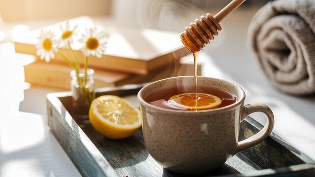 Cup of tea with honey drizzle and lemon in a cozy breakfast setting on a wooden tray with soft morning light and daisy accents, steam rising and available space for text on the blurred background