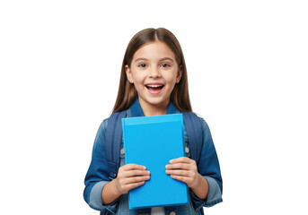 Young girl holding blue folder isolated on transparent background