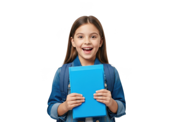 Young girl holding blue folder isolated on transparent background