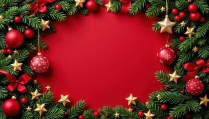 Festive Christmas Frame with Red Background, Golden Stars, Red Ornaments, and Pine Branches for Holiday Celebrations