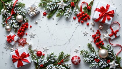 Festive Christmas Decoration with Presents, Baubles, and Pine in Red and White Colors on a Marble Background