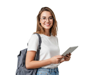 Smiling student holding tablet isolated on transparent background