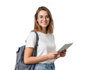 Smiling student holding tablet isolated on transparent background