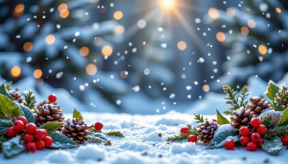 Winter Wonderland Scene with Snow, Pinecones, and Berry Accents in a Magical Snowfall Atmosphere