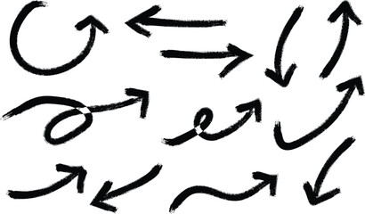 Set of Black Brush Stroke Arrows on White Background