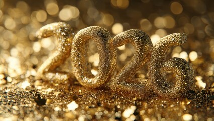 Naklejka premium Luxurious glittering gold 2025 numerals macro shot, surrounded by sparkling bokeh lights and shiny glitter dust, perfect for New Year celebration background.