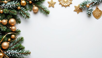 Festive Christmas Decoration with Evergreen Branches, Gold Ornaments, and Snowflakes on a White Background