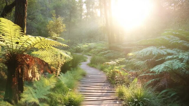 Serene forest pathway with wooden boardwalk and lush greenery for nature and tranquility concept, misty morning landscape