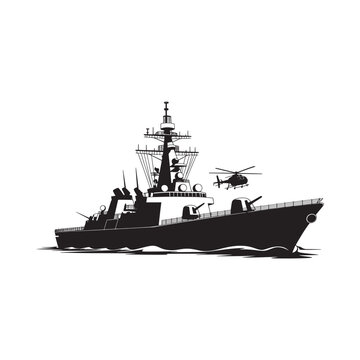 A sleek naval destroyer with a helicopter taking off from its deck