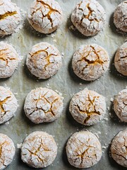 Homemade cookies with delicate cracks dusted with powdered sugar on top, showcasing a rustic, freshly baked treat