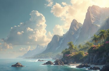 Majestic mountains rise above tropical coastline. Calm blue ocean waves gently lap against rocky shores. Lush green vegetation, vibrant pink flowers adorn landscape under sky with fluffy white clouds.