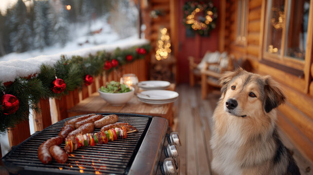 Large short haired dog sitting on outdoor deck with grilled sausages and christmas decorations in a snowy setting