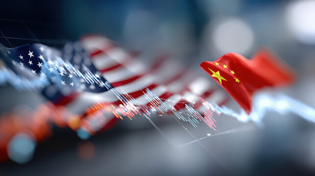 Usa and china flags with economic data and charts depicting trade relations - Powered by Adobe