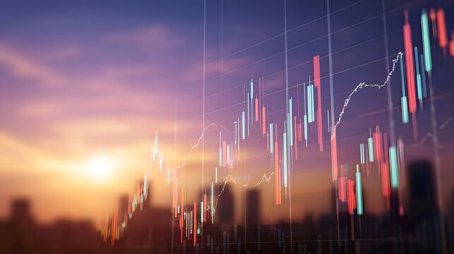 Financial chart depicting market growth and trends against a sunrise cityscape - Powered by Adobe