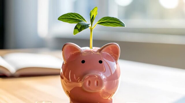 Piggy bank with growing plant illustrating financial growth and investment concept. Saving money process for future success.