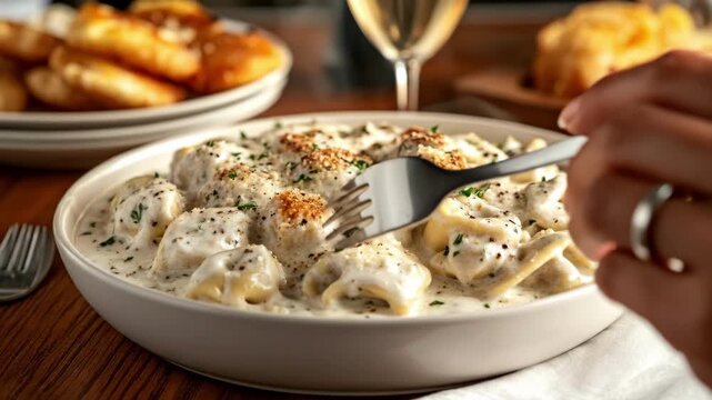 Creamy cheese-filled tortellini with herbs and parmesan on wooden table