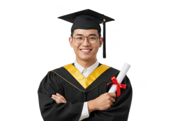 Graduate holding diploma isolated on transparent background
