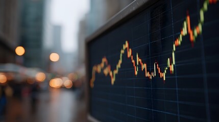 A financial market graph displays fluctuating trends on a digital screen set against a blurred rainy urban cityscape with bokeh lights