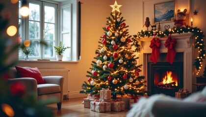 Cozy living room with beautifully decorated Christmas tree and festive fireplace during holiday season