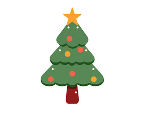 Cute Minimalist Christmas Tree Illustration with Colorful Ornaments and Star Topper on Black Background for Holiday Design and Festive Graphics