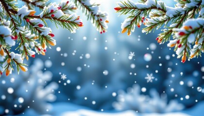 Serene Winter Scene with Snow-Covered Pine Branches and Soft Falling Snowflakes in Dreamy Forest Background