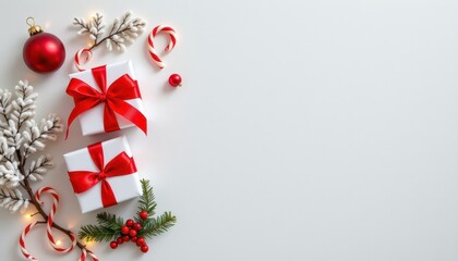 Festive Christmas Gifts with Red Bows and Holiday Decorations on a Light Background