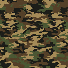 Fototapeta premium Classic woodland camouflage pattern in green, brown and tan Seamless military camo background with forest colors