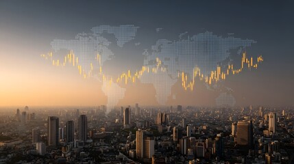 Modern city skyline at golden hour overlaid with a digital world map and market charts representing global economics finance and business trends