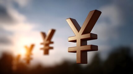 Fototapeta premium Three metallic Yen symbols ascend into a hazy sky symbolizing financial growth and economic prosperity