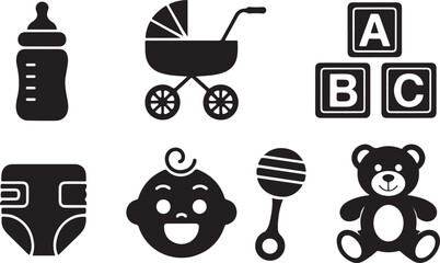 Set of baby and child care icons milk bottle, stroller, alphabet blocks, diaper, baby face, rattle, and teddy bear