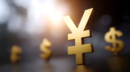 Fototapeta premium Golden Yen and Dollar currency symbols illuminated by soft sunlight symbolizing global finance and economic exchange