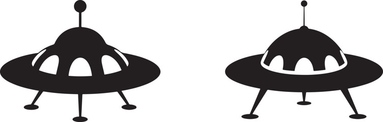 Two black and white silhouette icons of classic flying saucer ufos with landing gear and antennae