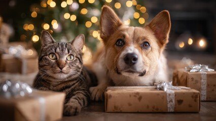 Adorable Tabby Cat and Corgi-type Dog Lying Down with Wrapped Christmas Presents, Looking at Camera with Warm Golden Bokeh Holiday Lights Background.