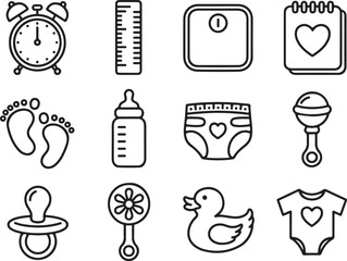 Set of 12 baby care and newborn icons, line art style alarm clock, ruler, weight scale, calendar, footprints, baby bottle, diaper, rattle, pacifier, flower rattle, rubber duck, and baby clothes