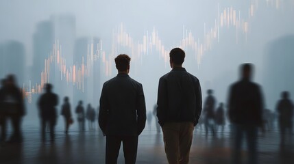 Two businessmen observe a financial graph overlaid on a misty urban cityscape with a blurred crowd
