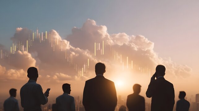 Silhouetted business people observe a market chart overlayed against a dramatic sunset city skyline