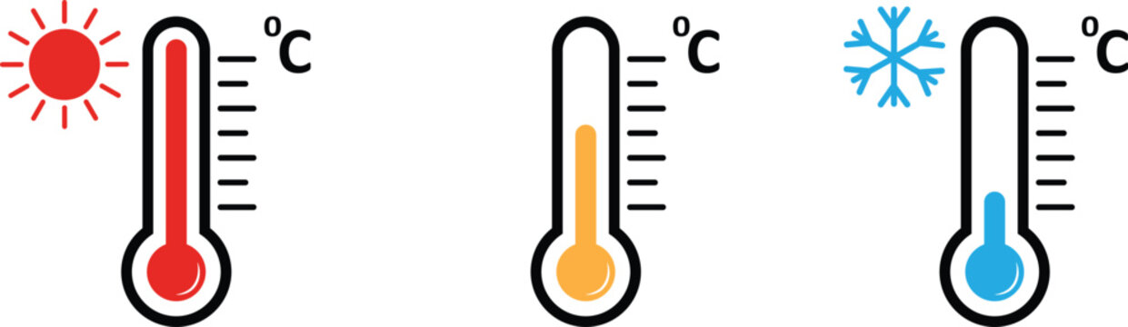 Thermometer vector icon set showing temperature levels. Weather forecast graphic with hot and cold indicators. Thermometer with temperature scale vector illustrator isolated on transparent background.