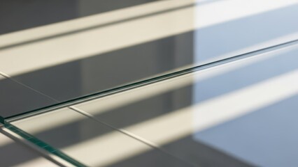 Abstract light and shadow patterns cast across a clear glass surface, creating geometric lines and reflections in a modern interior setting