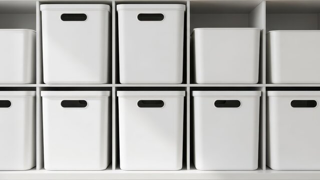 Organization and storage concept with multiple white plastic storage bins and containers neatly arranged on white shelving units, modern home organization system closeup