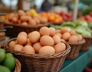 Wicker baskets overflow with fresh brown eggs at outdoor market stall. Organic farm produce, poultry eggs for healthy breakfast, protein source. Food variety in background.